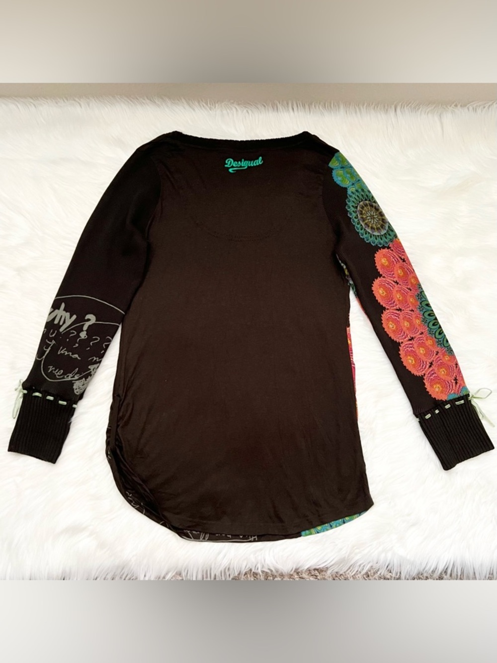 Desigual Brown Long Sleeve Tunic Top With Sequin Details & Sweater Sleeves - Picture 9 of 11